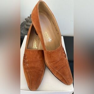 Mustard Brown suede leather high heels real sole hand made shoes Sz 6